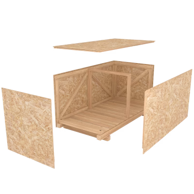 Geöffneter Aufbau einer Holzkiste mit stabilem Holzrahmen und abnehmbaren Seitenwänden
